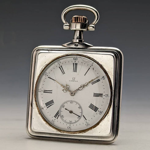 Around 1910 Antique Omega pocket watch with swan engraving square silver side case works well